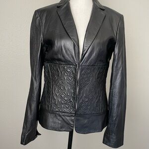 BCBG Maxazria Gorgeous Black Leather Jacket Embroidered Size 4